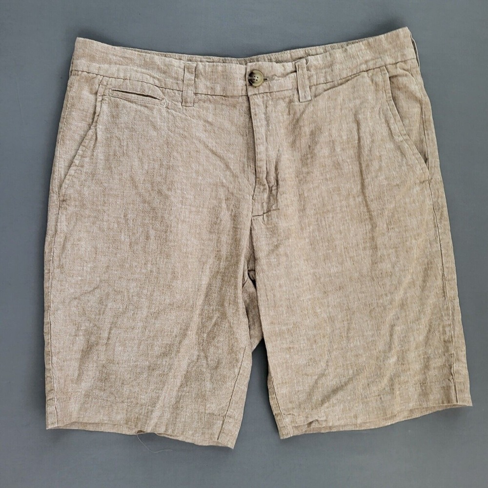 Broletto Mens 32W Tan Linen Cotton Blend Flat Front Chino Shorts Summer Casual